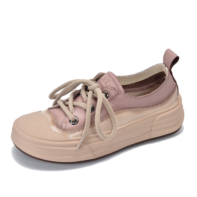 2025 Autumn Women's Genuine Leather Casual Shoes - Round-Toe Lace-Up Sneakers