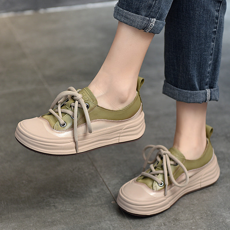 2025 Autumn Women's Genuine Leather Casual Shoes - Round-Toe Lace-Up Sneakers