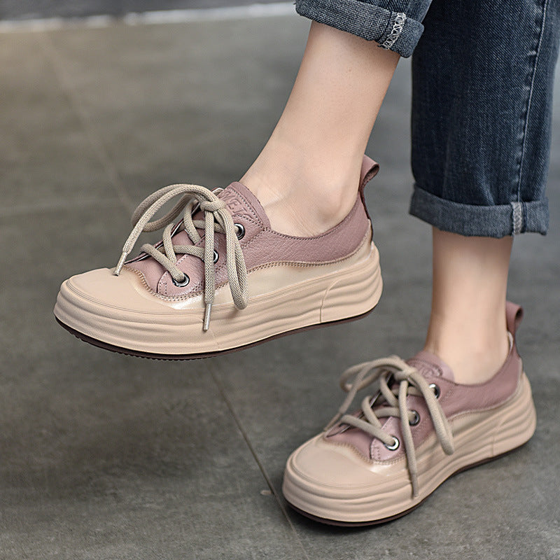 2025 Autumn Women's Genuine Leather Casual Shoes - Round-Toe Lace-Up Sneakers