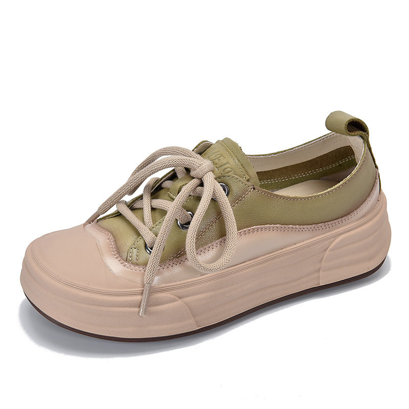2025 Autumn Women's Genuine Leather Casual Shoes - Round-Toe Lace-Up Sneakers