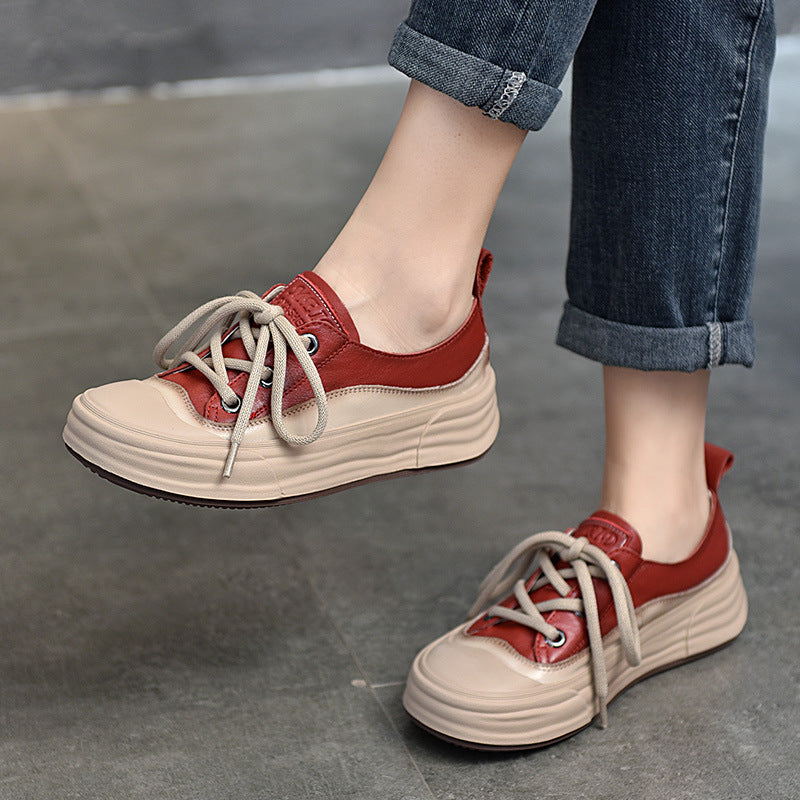 2025 Autumn Women's Genuine Leather Casual Shoes - Round-Toe Lace-Up Sneakers