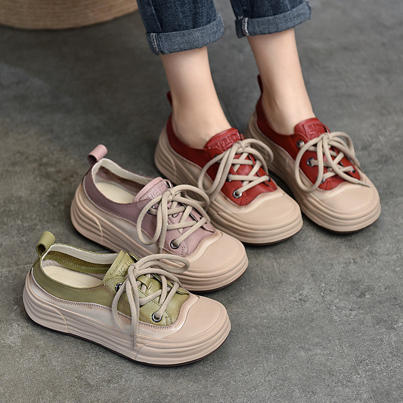 2025 Autumn Women's Genuine Leather Casual Shoes - Round-Toe Lace-Up Sneakers