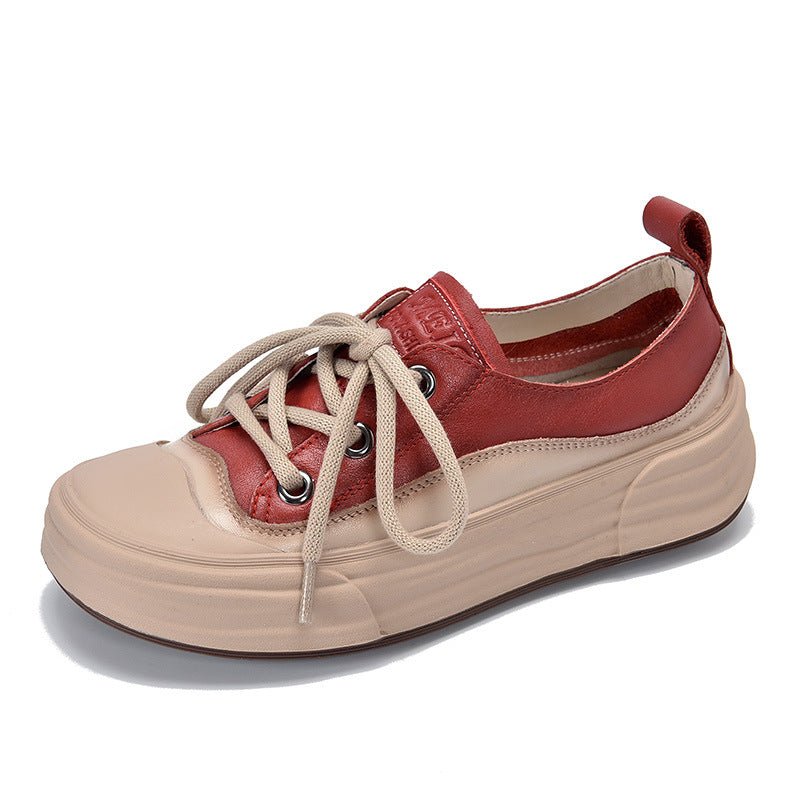 2025 Autumn Women's Genuine Leather Casual Shoes - Round-Toe Lace-Up Sneakers